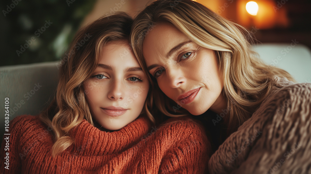 A mother and daughter enjoying a cozy moment together, sharing a close embrace and warmth in a peaceful setting. A mother and daughter enjoying a cozy moment together, sharing a close embrace and warmth in a peaceful setting.