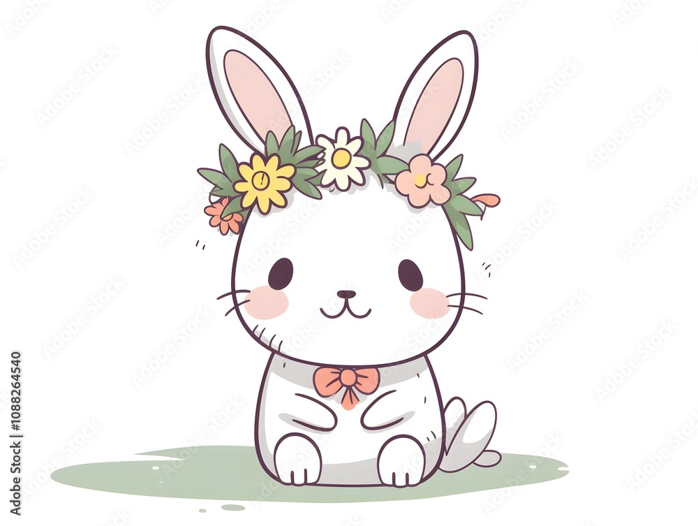Obraz premium Adorable Bunny Rabbit with Flower Crown Cute Spring Animal Illustration