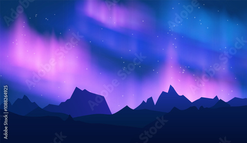 Bright vector background of northern lights over the mountains.