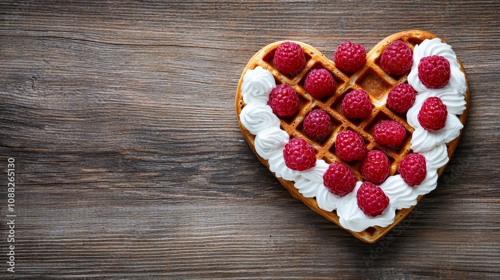 Waffle in heart shape, topped with fresh cream and raspberries, on rustic wood Waffle in heart shape, topped with fresh cream and raspberries, on rustic wood