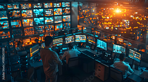 A Control Room Analyst Monitors Data Streams on Multiple Screens at Night, a Technological Control Center Displays Vital Information with City Lights Background