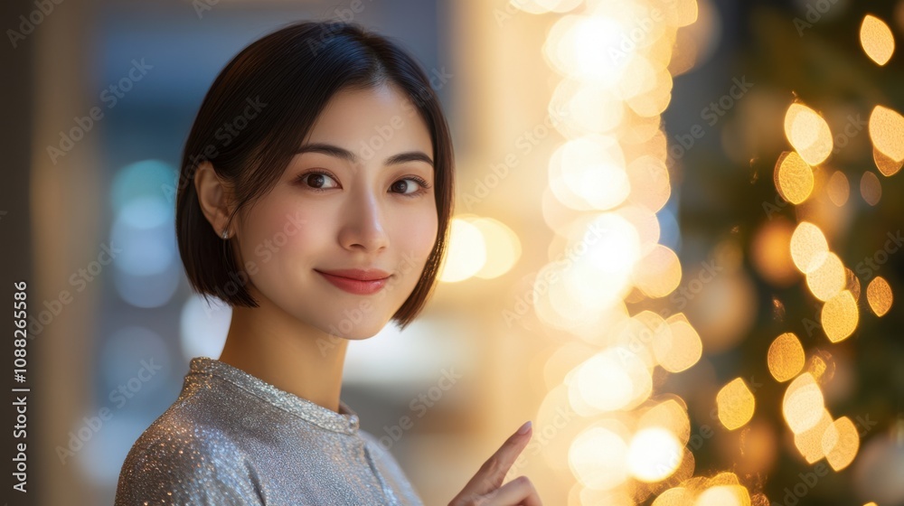 Obraz premium Half body shot of a Chinese woman with a short bob haircut, wearing a silver blouse, pointing to the right, standing near an office reception desk decorated with holiday lights, copy space 