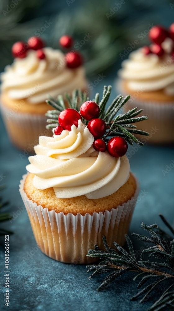 Traditional European Christmas desserts delight the senses with their festive flavors. These beautifully decorated cupcakes showcase rich cream and seasonal garnishes.