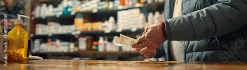 Senior's Hands Examining Pharmacy Receipt in a Store with Shelves of Medicines and Bottles photo