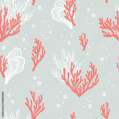 Underwater seamless pattern with repeated coral polyps, algae and seaweed. Aquatic colorful sketch ornament. Hand drawn marine flora and ocean wildlife print for textile, paper design, backgrounds.