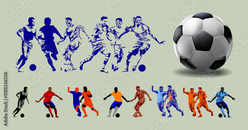 Football, soccer player silhouettes vector illustration element. Sport, ball, game shadow athlete collection.