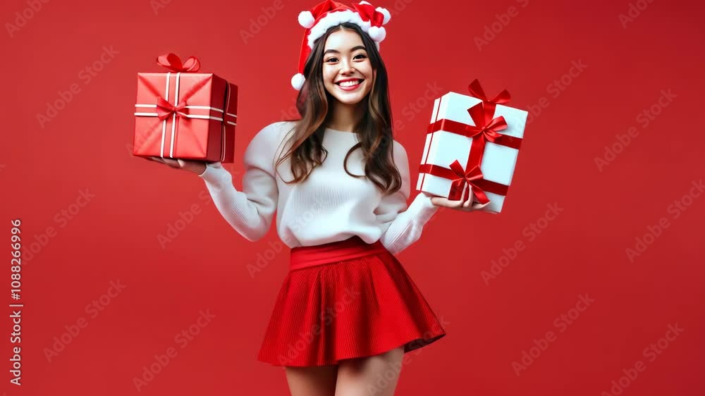 A woman is holding two presents and wearing a red skirt. She is smiling and she is happy A woman is holding two presents and wearing a red skirt. She is smiling and she is happy