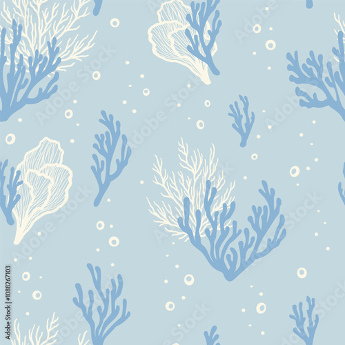 Underwater seamless pattern with repeated coral polyps, algae and seaweed. Aquatic colorful sketch ornament. Hand drawn marine flora and ocean wildlife print for textile, paper design, backgrounds.