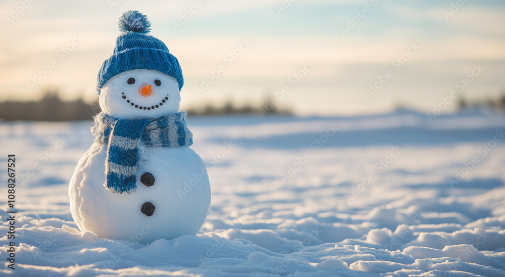 Obraz premium christmas card, snowman, winter, snow, smiling, happy, sunny, snowy winter landscape, copy space for text