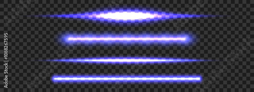 Glowing purple neon tube lamp set. Led light violet line beam collection. Bright luminous fluorescent bar stick lines. Shining cold color strip element pack to divide, separate, decorate. Vector