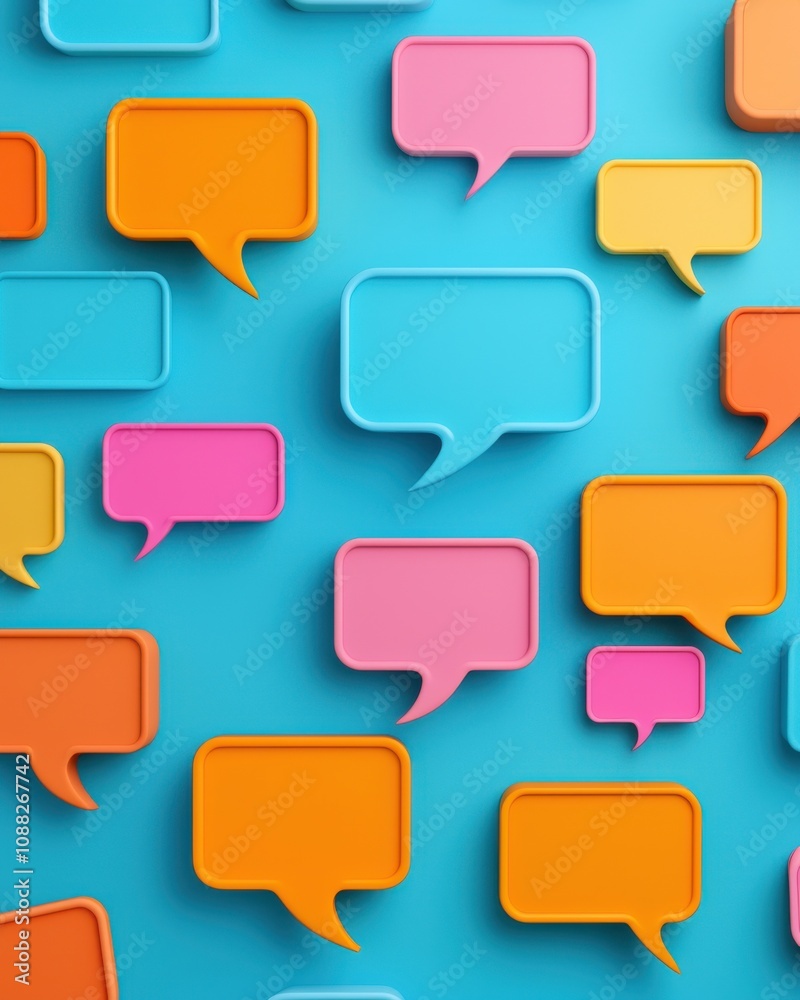 A vibrant arrangement of colorful speech bubbles on a blue background, symbolizing conversation and communication. A vibrant arrangement of colorful speech bubbles on a blue background, symbolizing conversation and communication.
