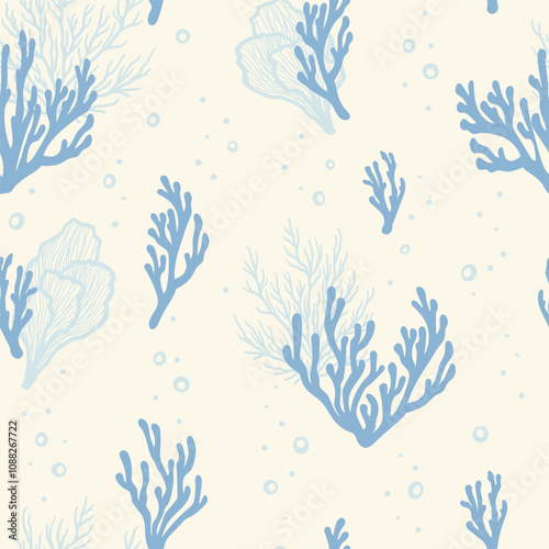 Underwater seamless pattern with repeated coral polyps, algae and seaweed. Aquatic colorful sketch ornament. Hand drawn marine flora and ocean wildlife print for textile, paper design, backgrounds.