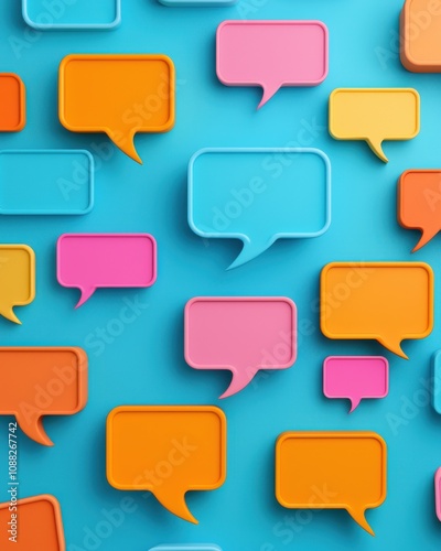 A vibrant arrangement of colorful speech bubbles on a blue background, symbolizing conversation and communication.