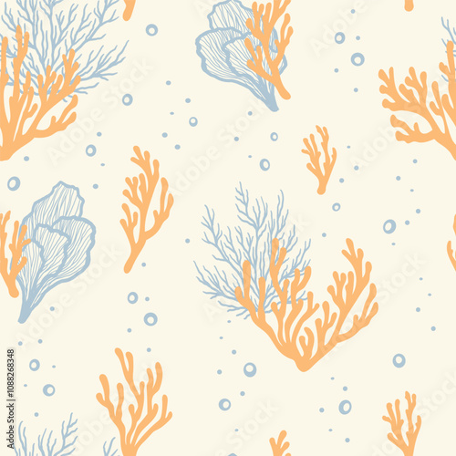 Underwater seamless pattern with repeated coral polyps, algae and seaweed. Aquatic colorful sketch ornament. Hand drawn marine flora and ocean wildlife print for textile, paper design, backgrounds.