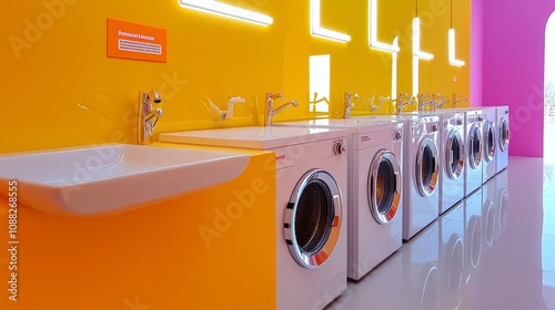 Vibrant washing area in a hostel, featuring modern front-loaders and top-loaders, spacious layout, and signage in English, Spanish, French photo