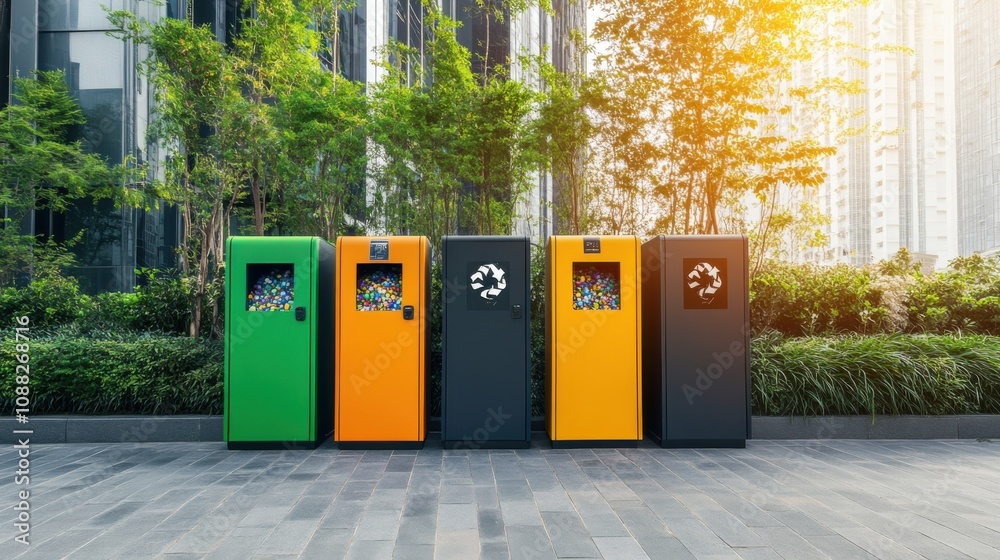 A sophisticated AI-powered smart recycling bin system, modern urban setting with bins equipped for automatic waste sorting and recycling efficiency, Recycling style