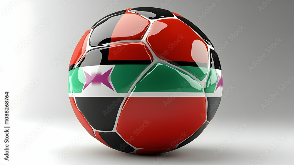 Obraz premium A 3D Rendering of a Soccer Ball with the Flag of South Sudan Applied to its Surface