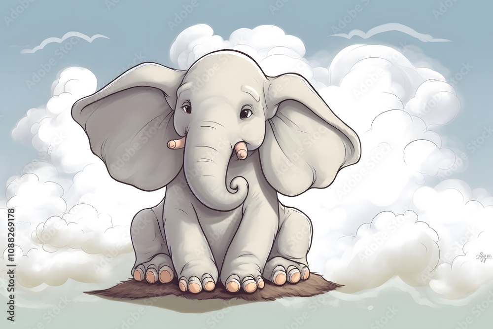 Fototapeta premium Cute Baby Elephant Sitting on Clouds Adorable Animal Illustration