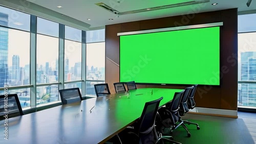 Modern Conference Room with Green Screen & City View: Perfect for Presentations, Video Calls, and Virtual Backgrounds