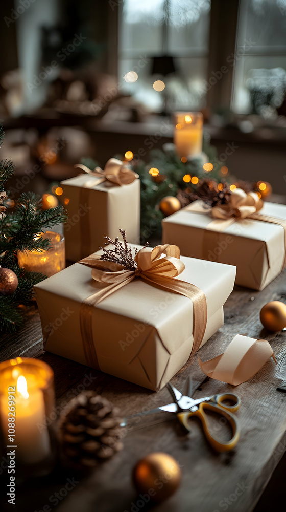 Rustic Christmas gifts on wooden table with candles and decorations. Rustic Christmas gifts on wooden table with candles and decorations.