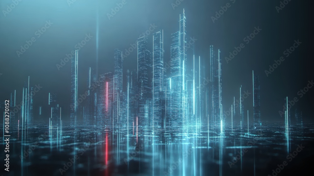 3D render. Futuristic digital cityscape with interconnected network nodes, showcasing advanced 5G technology for global connectivity and smart city infrastructure. 3D render. Futuristic digital cityscape with interconnected network nodes, showcasing advanced 5G technology for global connectivity and smart city infrastructure.