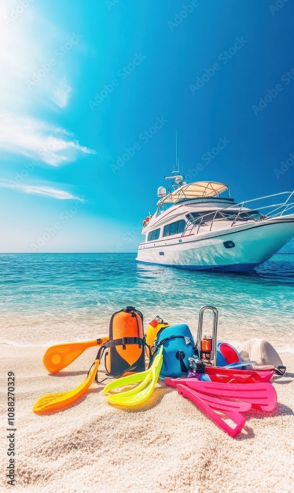 Obraz premium Explore the Joy of Summer at the Beach: A Vibrant Scene with Snorkeling Gear and a Luxurious Yacht Under a Brilliant Blue Sky