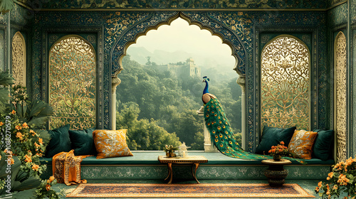 A Peacock Perched on a Window Seat Overlooking a Lush Green Landscape, Surrounded by Intricate Architectural Details in a Serene Palace Setting