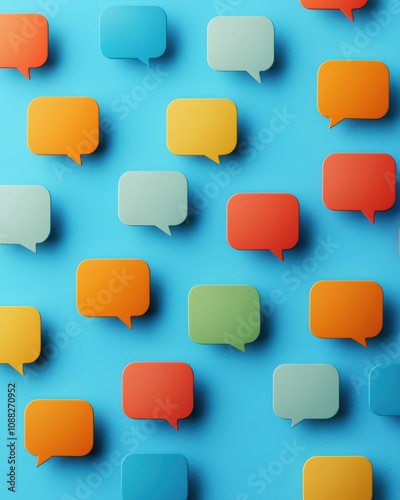 Colorful speech bubbles on a vibrant blue background, creating a lively and engaging visual that symbolizes communication and interaction.