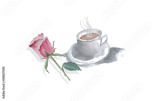 Watercolor beautiful coffee cup with rose flower