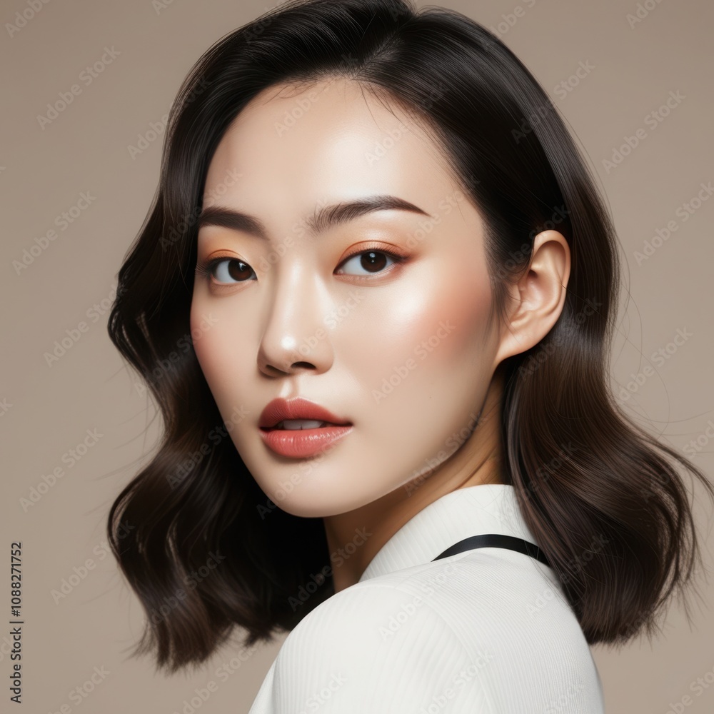 Beautiful Asian woman with clear skin and captivating eyes in a simple white dress Beautiful Asian woman with clear skin and captivating eyes in a simple white dress