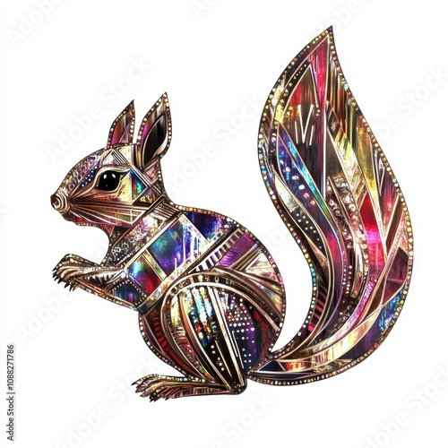 A vibrant, stylized illustration of a squirrel logo with a colorful, reflective design. photo