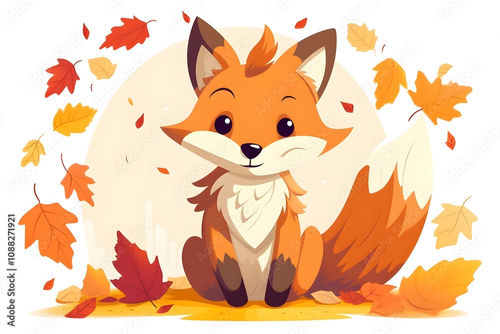 Adorable Autumn Fox Kit Fall Leaves Cute Cartoon Animal Illustration Adorable Autumn Fox Kit Fall Leaves Cute Cartoon Animal Illustration