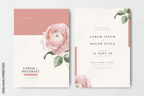 wedding card set template with minimalist ranunculus flower