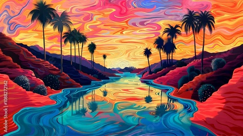 Summer Solstice Energy A Vibrant Desert Oasis of Palm Trees and Flowing Water backdrop background VDO photo