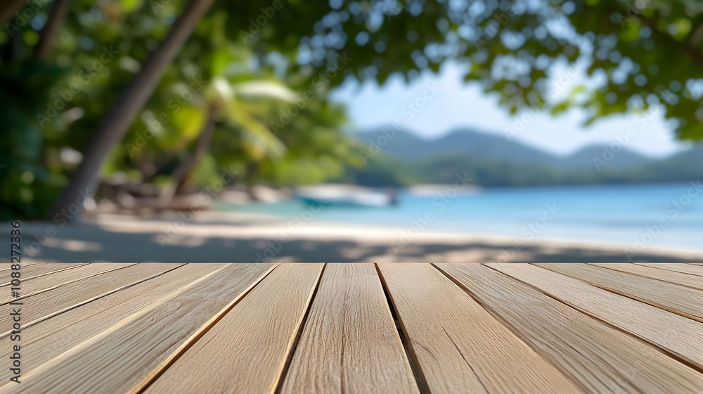 Wooden Plank Tabletop with a Blurry Background of a Tropical Beach Scene, Featuring Lush Green Palm Trees and a Sunny Blue Ocean Wooden Plank Tabletop with a Blurry Background of a Tropical Beach Scene, Featuring Lush Green Palm Trees and a Sunny Blue Ocean