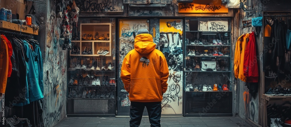 A man in a yellow hoodie stands in front of a store with graffiti on the wall. A man in a yellow hoodie stands in front of a store with graffiti on the wall.
