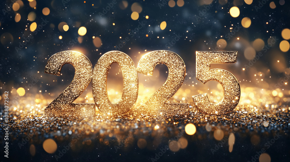 2025 Happy New Year Abstract shiny Gold glitter wave with Bokeh design element 2025 Happy New Year Abstract shiny Gold glitter wave with Bokeh design element
