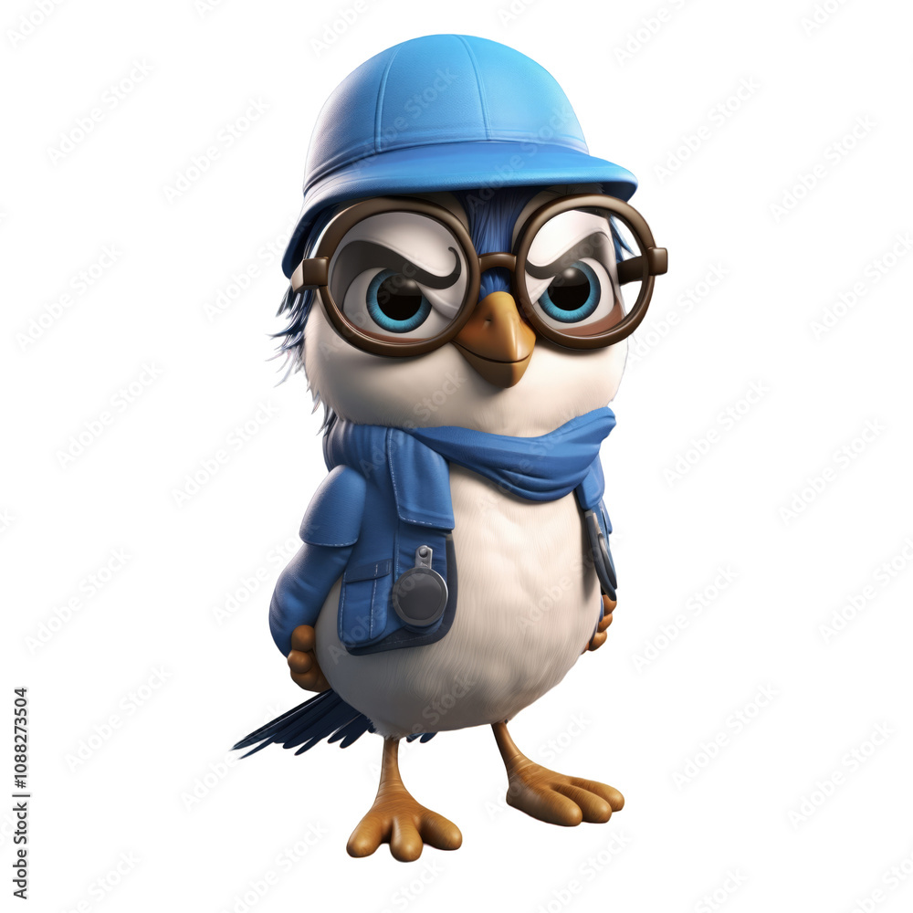 Fototapeta premium cute 3d cartoon blue jay wearing hat and glasses isolated on transparent background