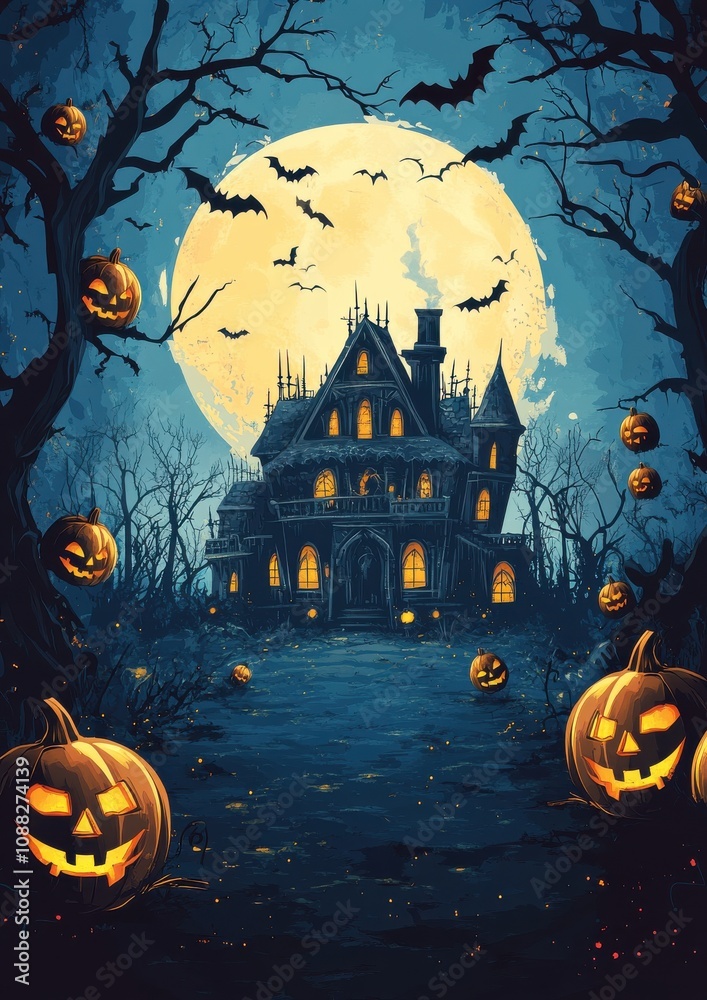 Explore the Eerie Beauty of a Haunted Mansion Surrounded by Sinister Pumpkins and Spooky Bats Under the Glowing Full Moon – Perfect for Halloween Enthusiasts! Explore the Eerie Beauty of a Haunted Mansion Surrounded by Sinister Pumpkins and Spooky Bats Under the Glowing Full Moon – Perfect for Halloween Enthusiasts!