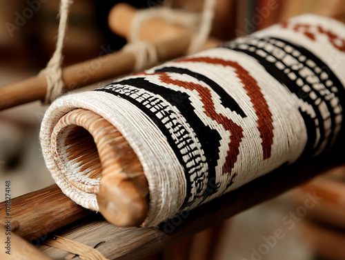 Close-up of traditional Indian textile being woven on a handloom photo