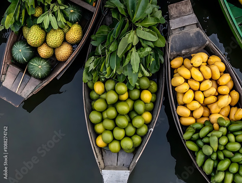 A vibrant Thai floating market with boats selling tropical fruits photo