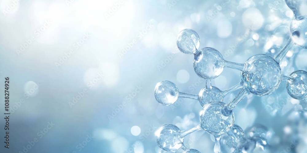 3D Organic Molecules on Blue Background, Collagen Skin Serum with Vitamin Pink Bubbles in Water for Beauty Care 3D Organic Molecules on Blue Background, Collagen Skin Serum with Vitamin Pink Bubbles in Water for Beauty Care