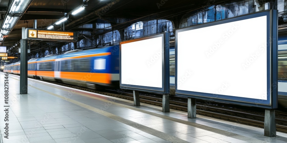 Mockup of an empty white billboard template on a train station city street for media advertising poster at Adobe Stock. Mockup of an empty white billboard template on a train station city street for media advertising poster at Adobe Stock.