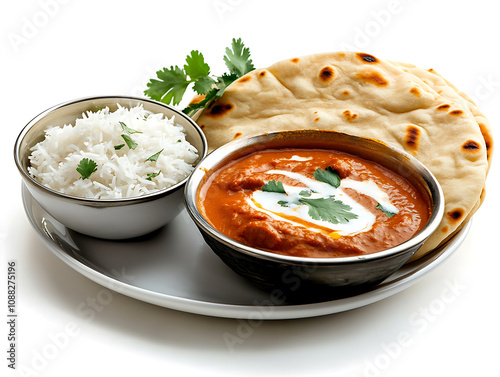 Indian masala chicken with rice and naan on a plate photo