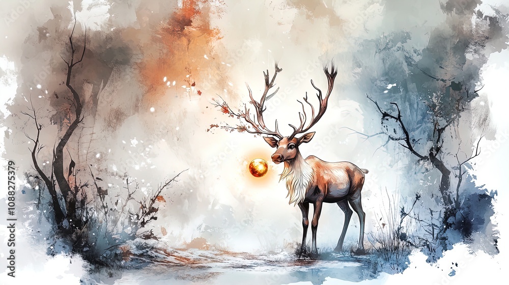 Enchanted Reindeer in Snowy Field: A Magical Poster for Sporty Interiors, Featuring a Glowing Orb in Antlers and a Mystical Forest Background