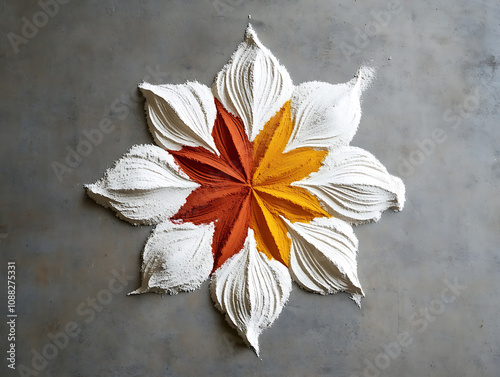 Close-up of a traditional Indian Rangoli pattern created with vibrant colored powders photo