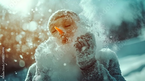 Enchanting Snowman Magic: A Whimsical Poster for Winter Sports Decor Featuring a Glowing Snowman Against a Dreamy Blue Background with Snowflakes