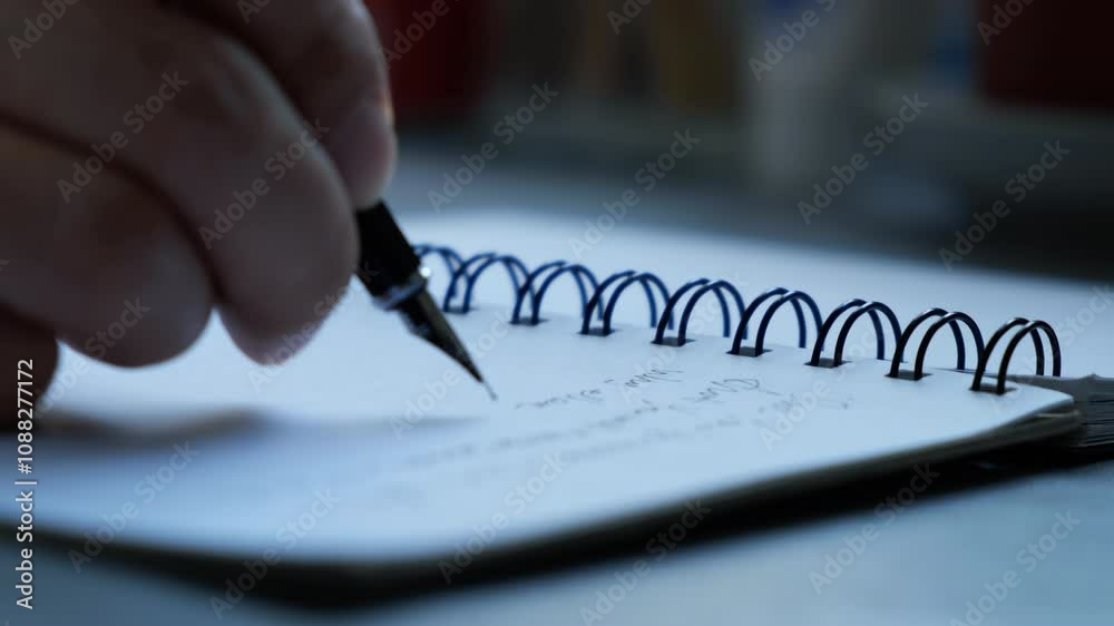 The male is writing on a white textbook with a pen on the desk.