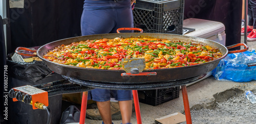 Cooked Down Pan of Seafood Paella at the Freret Street Festival in Uptown New Orleans, LA, USA photo