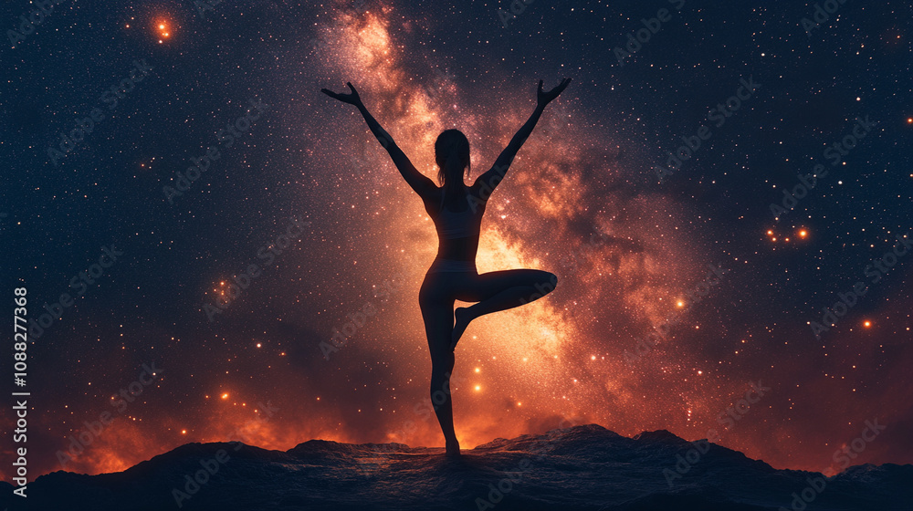 Naklejka premium woman practicing yoga in a peaceful silhouette against a starry sky, embodying tranquility, balance, and spiritual connection with the universe